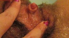 Huge Clit Hairy Pussy Girl Wanking In The Bathtub